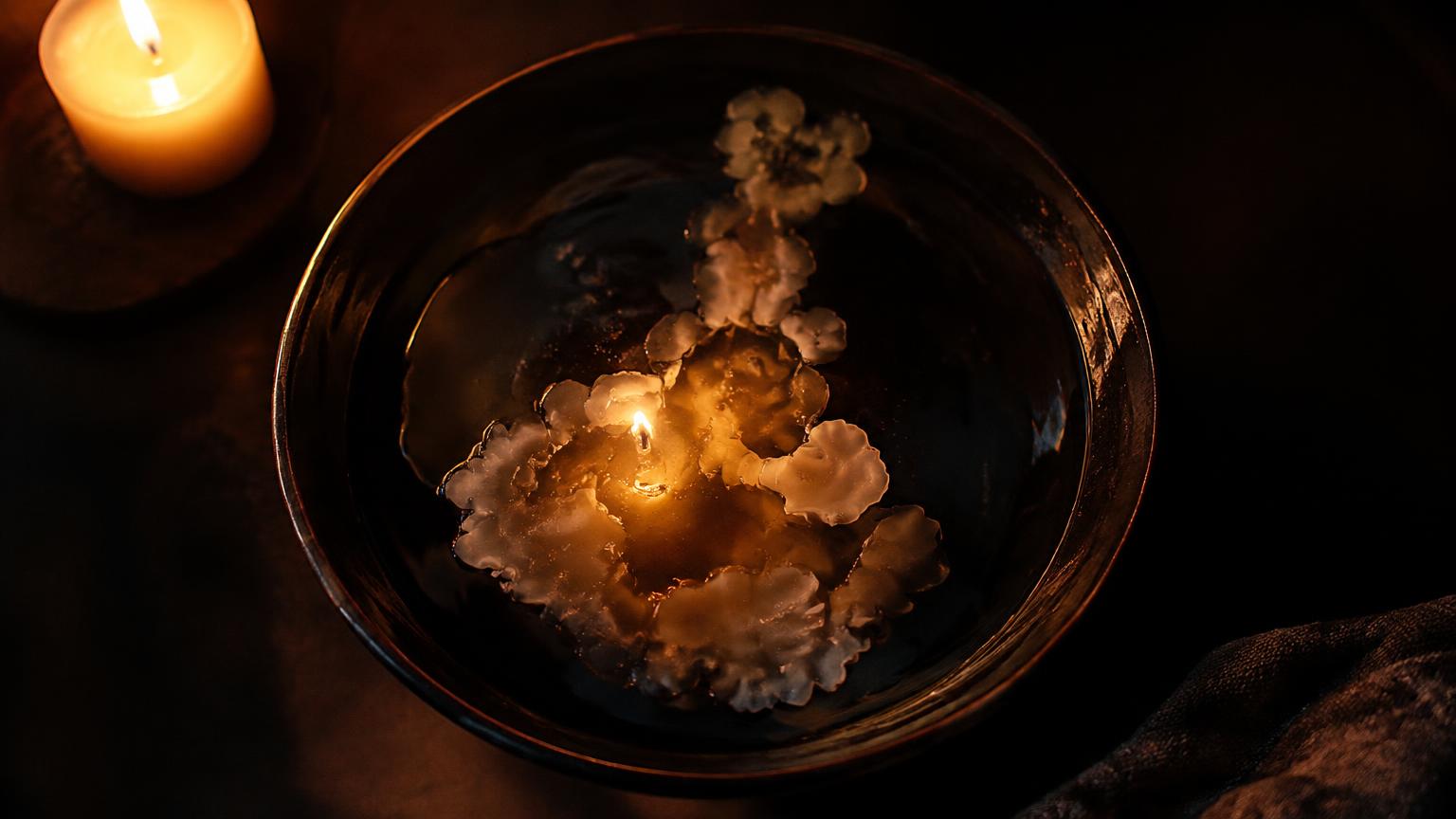 Overhead view of a dark ceramic bowl of water holding a pale, cloud-like sheet of hardened wax with ruffled edges, lit by a small candle beside the bowl.