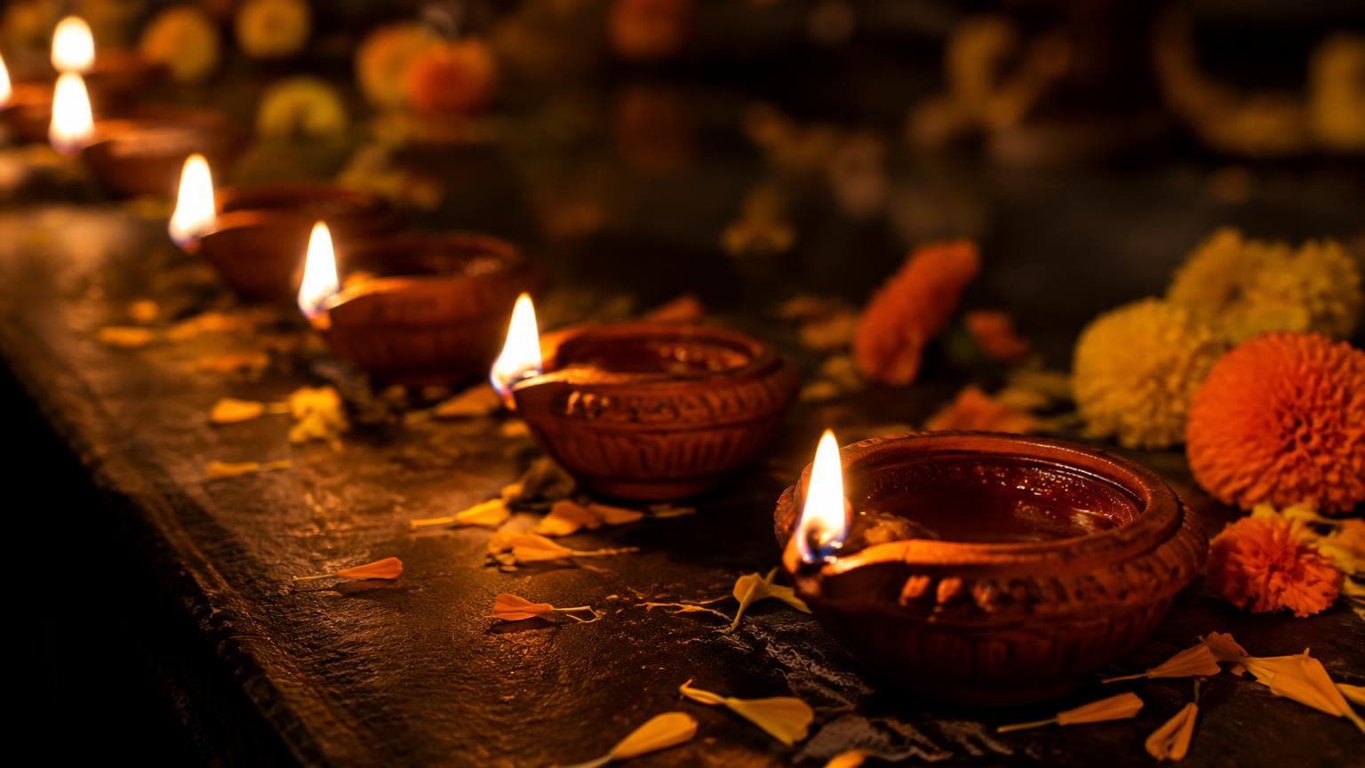 A row of glowing terracotta diya oil lamps on a dark stone ledge, each with a small flame, surrounded by scattered orange and yellow marigold petals.