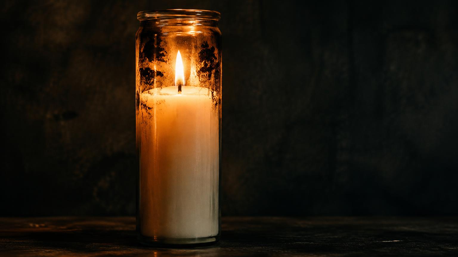 A tall glass jar candle with white wax and a small steady flame, with patches of dark soot clinging to the inside of the glass near the top.