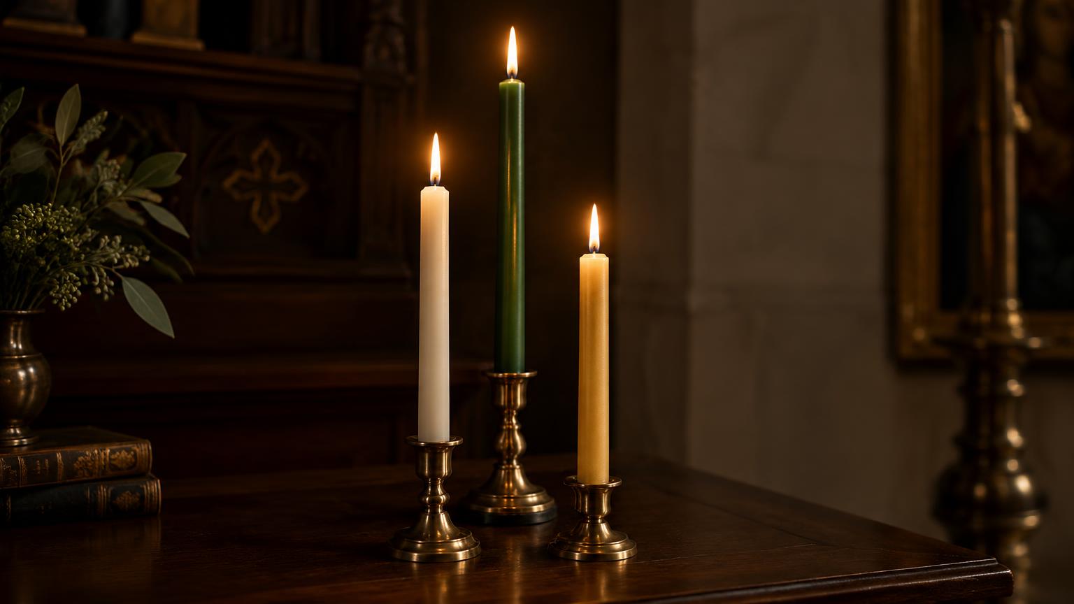 Three lit taper candles in brass holders on a dark wooden table: a white candle on the left, a taller green candle in the center and a gold candle on the right.