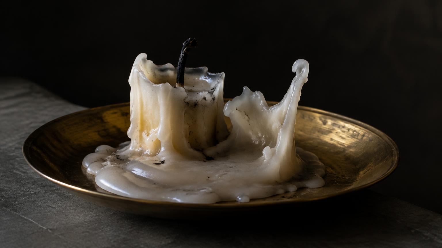 A burned-down white candle on a brass dish, its wax collapsed into a wide uneven puddle with a tall curled wall and a charred black wick.