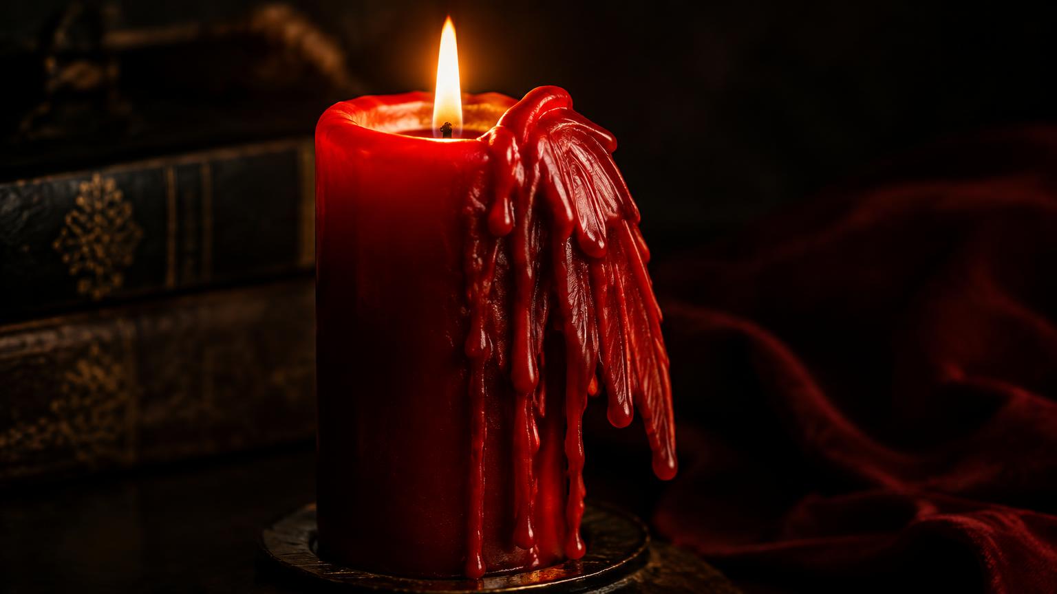 A red pillar candle lit on a dark wooden surface, with thick runs of melted wax spilling over one side of the rim and folding into wing-like flaps.