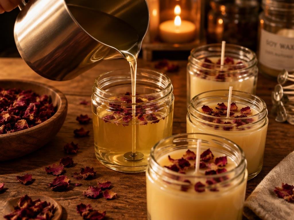 सूखी गुलाब की पंखुड़ियों से सजे जारों में डाला जा रहा मोम
