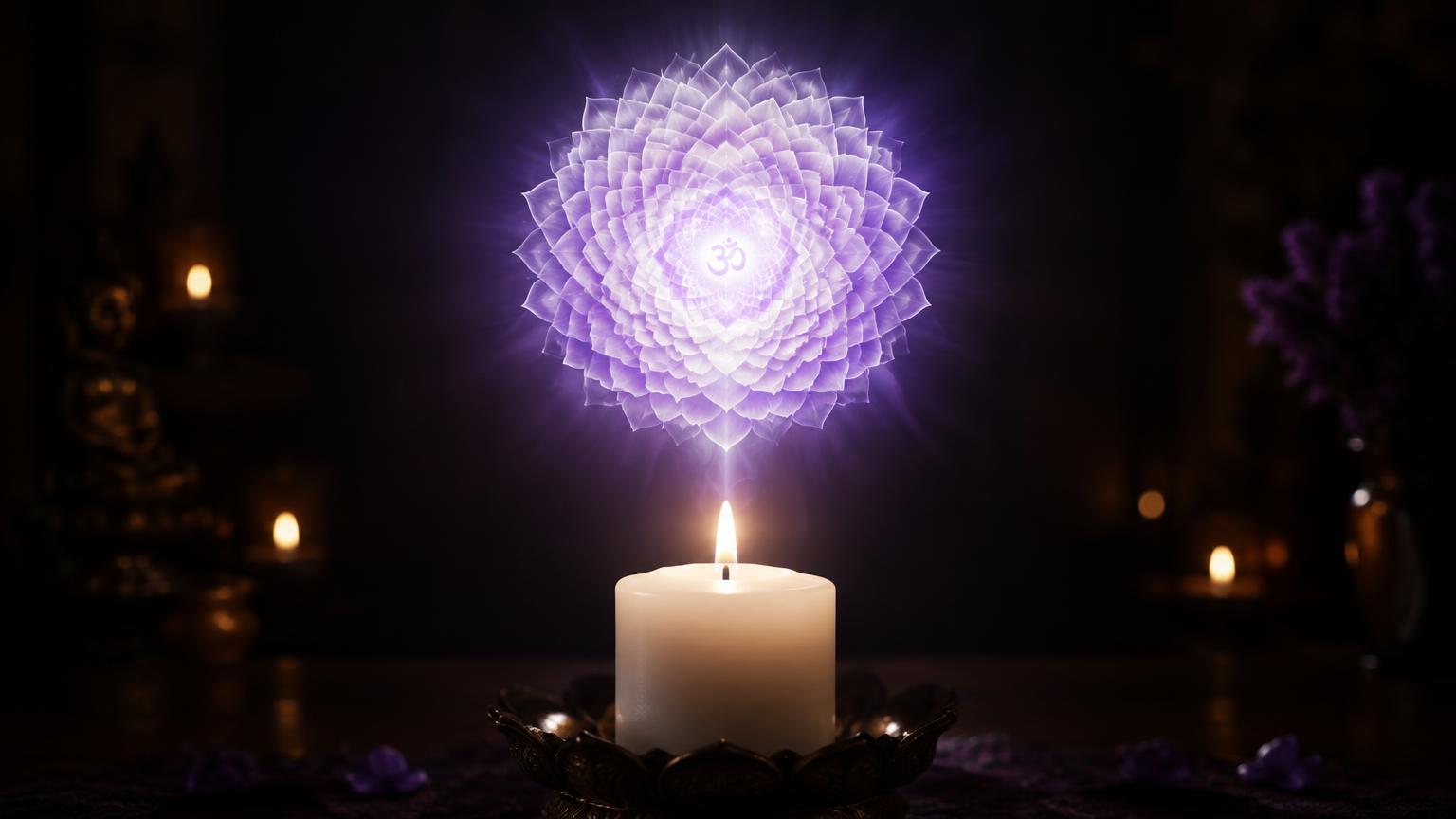 Crown chakra Sahasrara symbol glowing in violet beside a lit candle