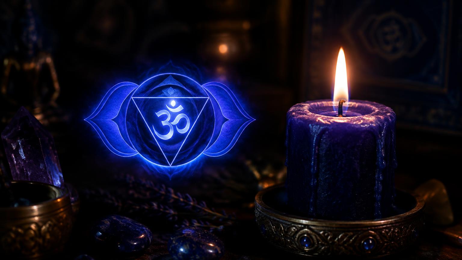 Third Eye chakra Ajna symbol glowing in indigo beside a lit candle