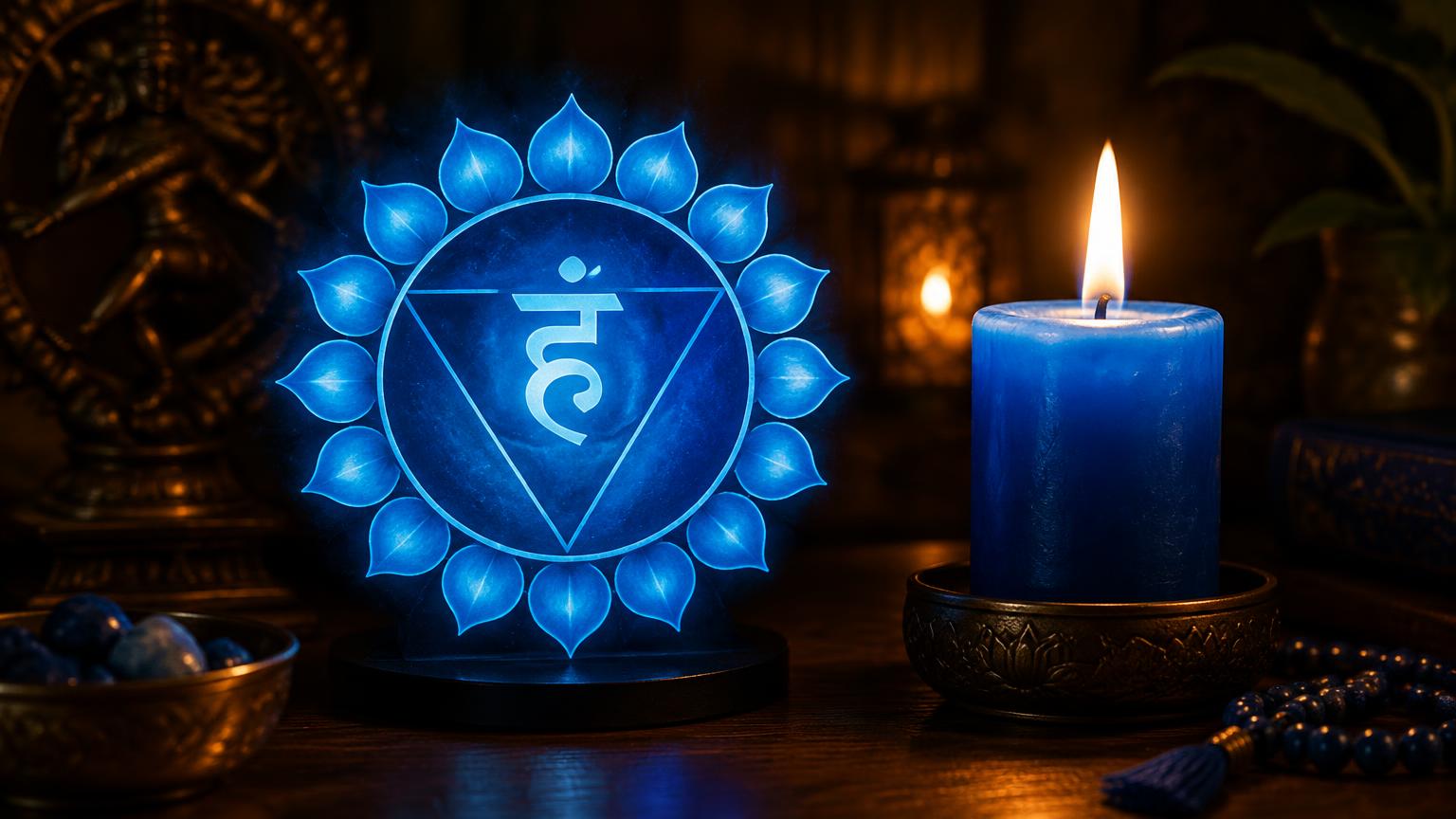 Person chanting softly beside a lit candle