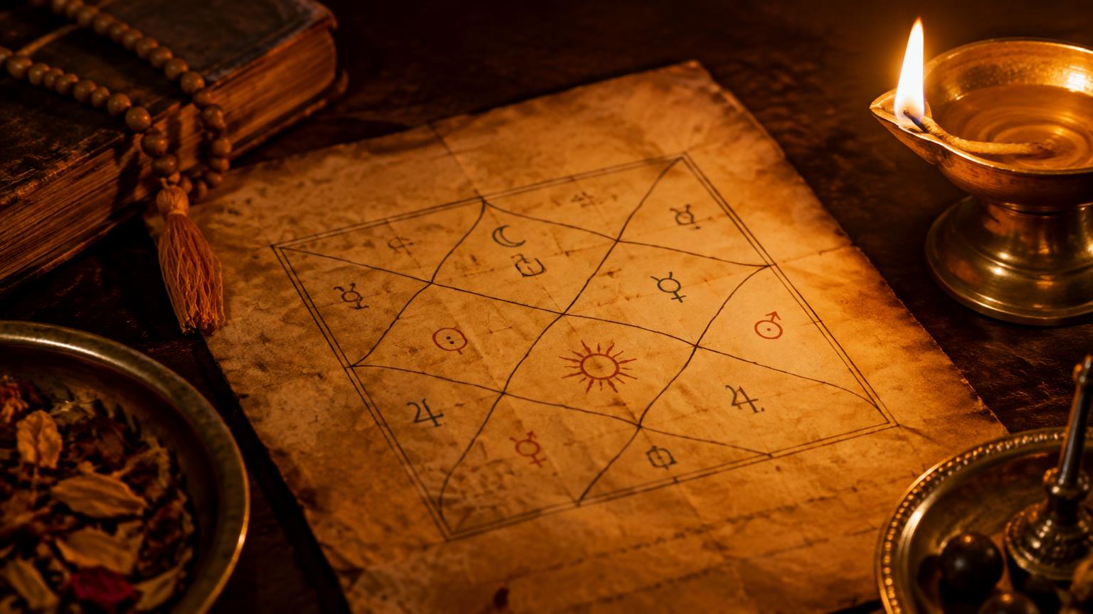A hand-drawn Vedic birth chart on aged paper lit by a brass lamp
