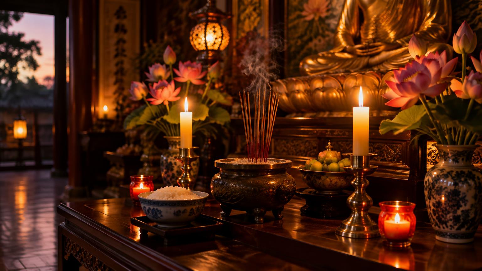 A Buddhist altar with candles, lotus flowers, incense and a bowl of rice at evening