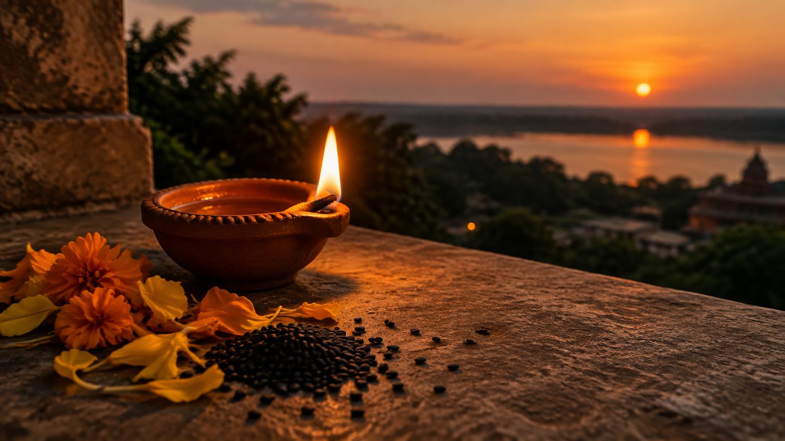 A clay diya burning on a stone ledge at sunset beside marigold petals and black sesame seeds